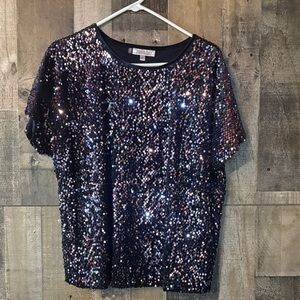 Jennifer Lopez Sparkling Sequin Short Sleeve Top - Navy/Black